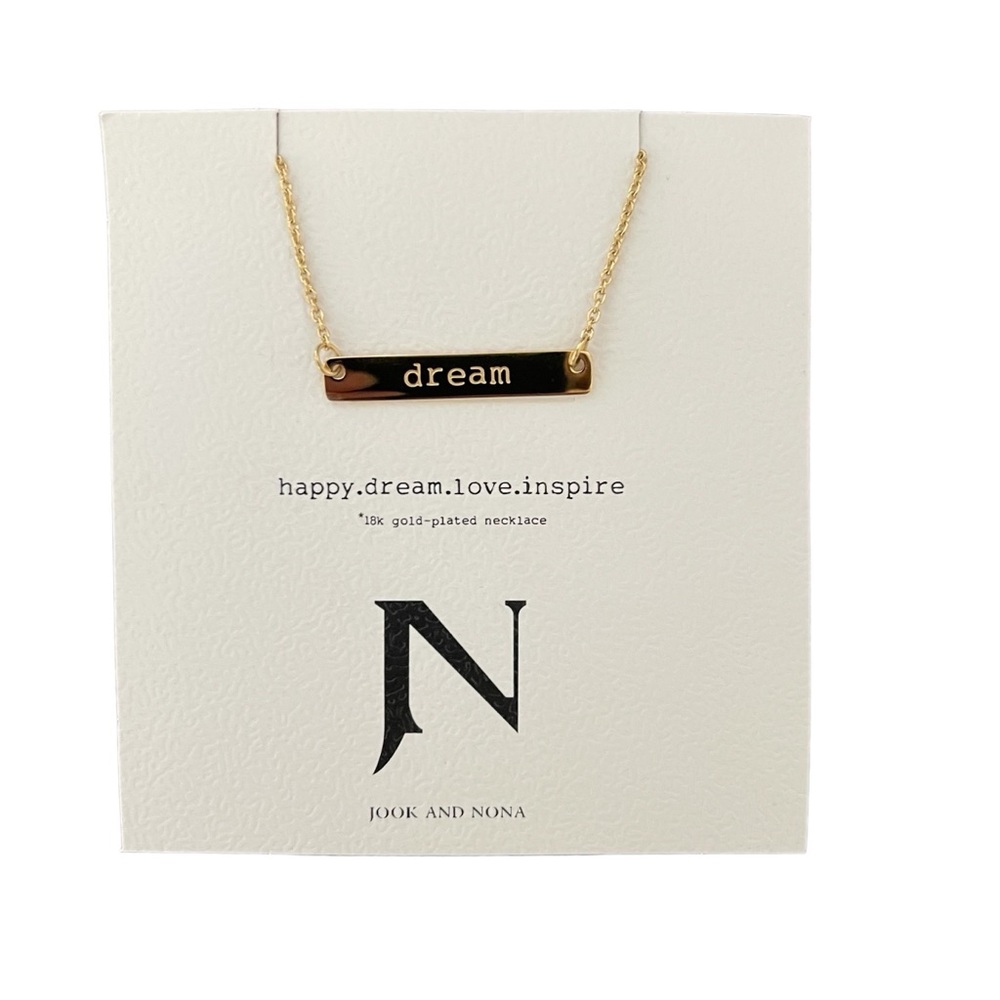 Jook & Nona FabFitFun X JN Tag Necklace in Gold Saying is Dream New